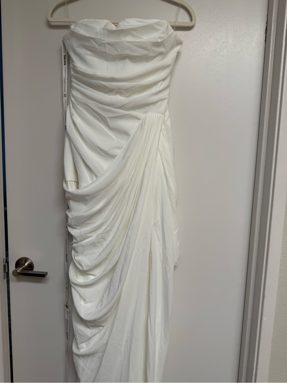 BabyBoo Strapless White Draped Evening Dress